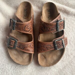 MYRA tooled leather Sandals with Buckle Straps